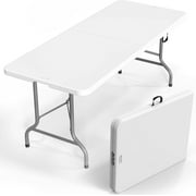 6 Foot Plastic Folding Table Portable Long Table for Indoor Outdoor Use Rectangular with Carrying Handle, Smooth HDPE Tabletop, White